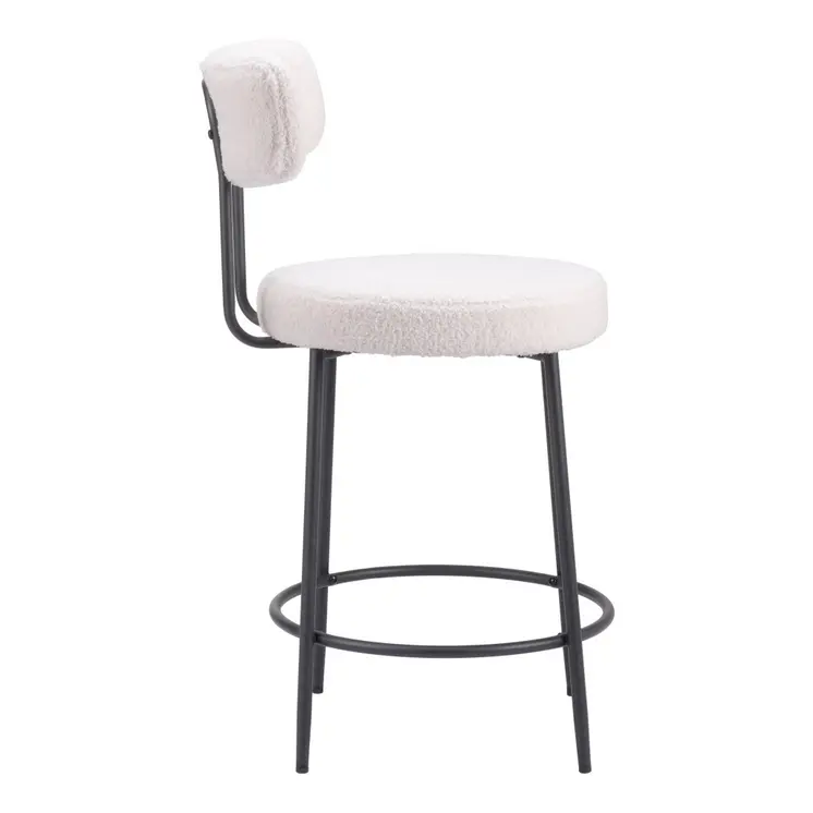 Set of Two 25" Ivory and Black Shearling and Steel Low Back Counter Height Bar Chairs