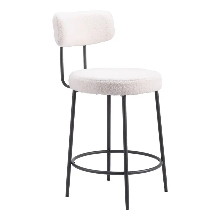 Set of Two 25" Ivory and Black Shearling and Steel Low Back Counter Height Bar Chairs