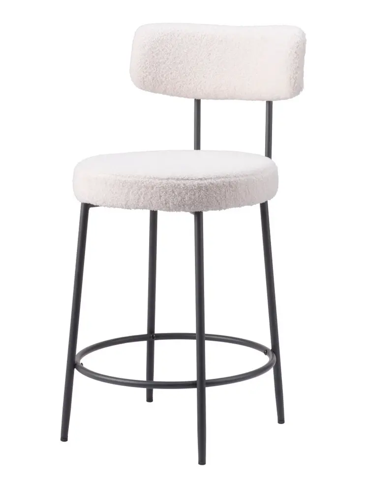 Set of Two 25" Ivory and Black Shearling and Steel Low Back Counter Height Bar Chairs