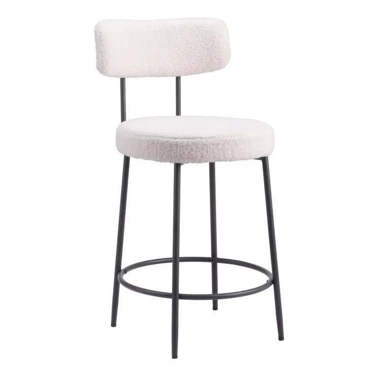 Set of Two 25" Ivory and Black Shearling and Steel Low Back Counter Height Bar Chairs