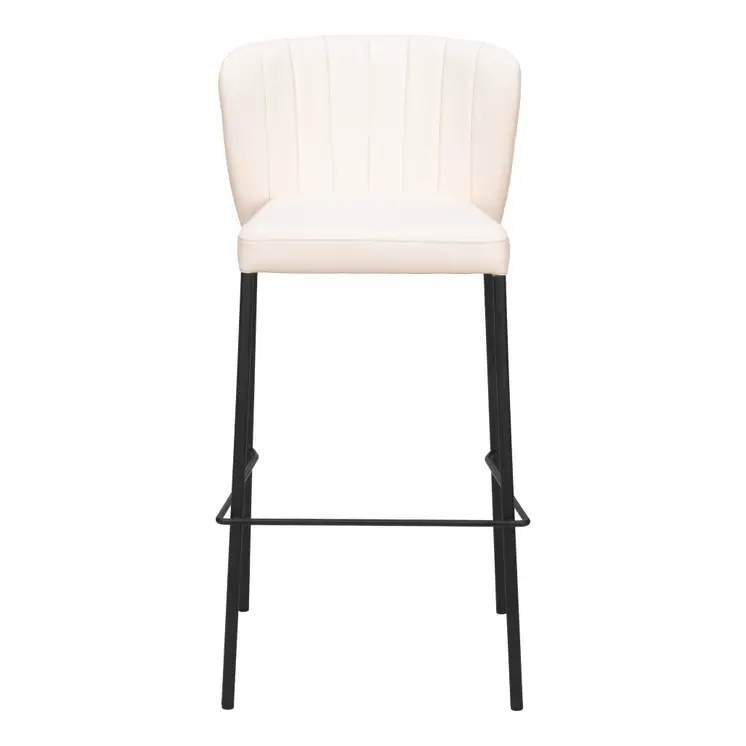 Set of Two 29" Cream And Black Faux Leather And Steel Bar Height Bar Chairs