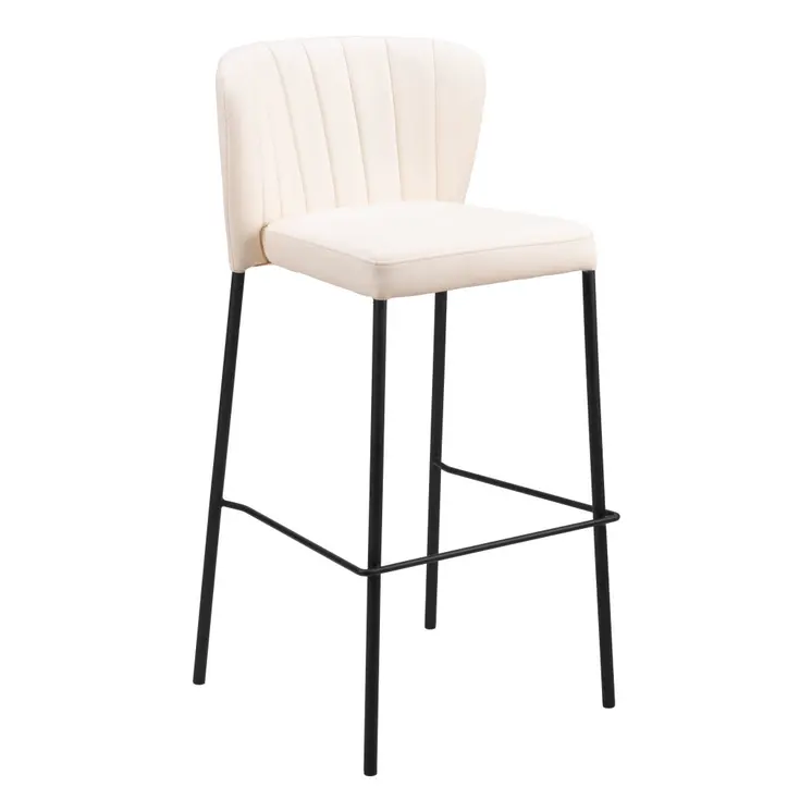 Set of Two 29" Cream And Black Faux Leather And Steel Bar Height Bar Chairs