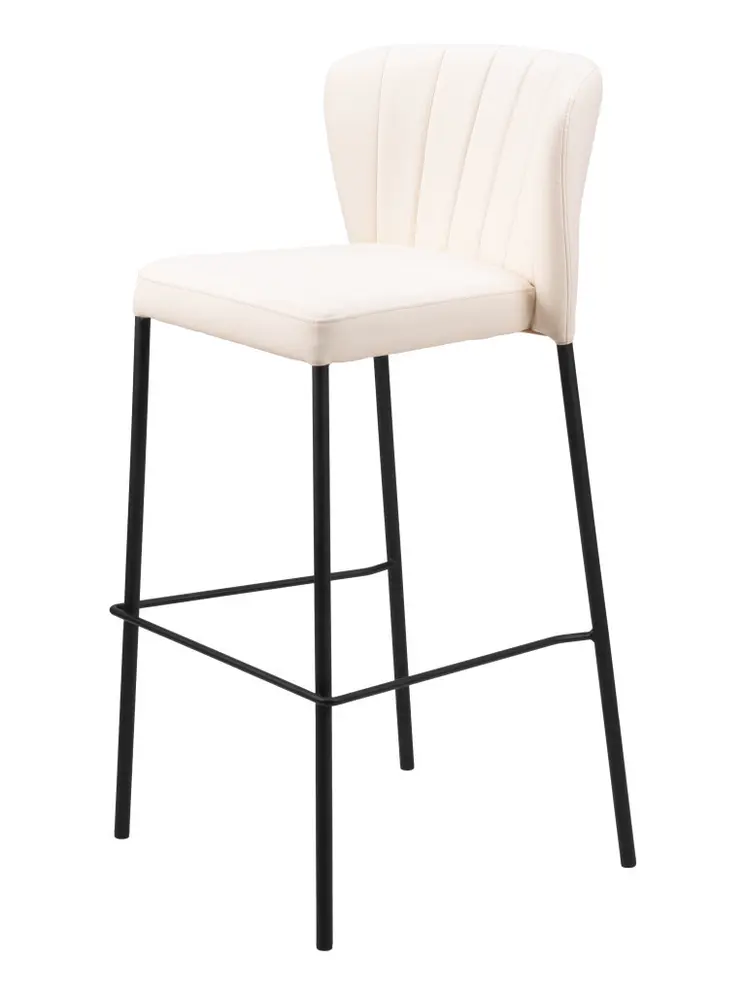 Set of Two 29" Cream And Black Faux Leather And Steel Bar Height Bar Chairs