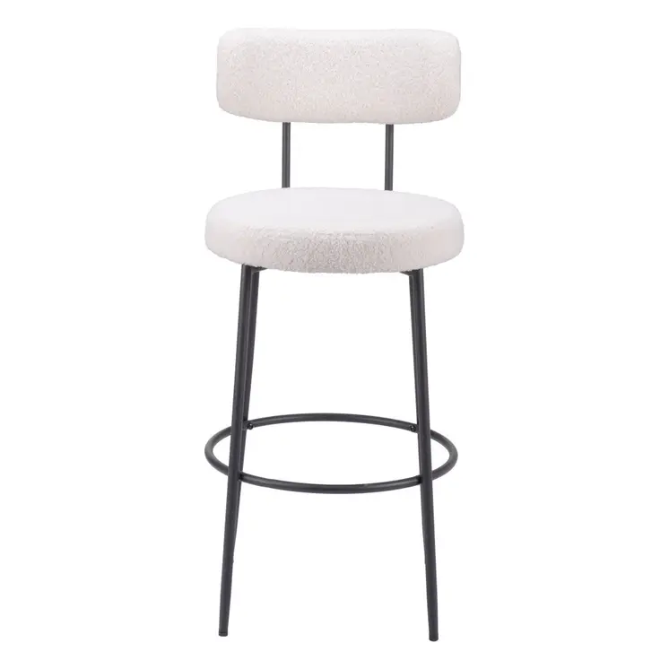 Set of Two 29" Ivory And Black Shearling And Steel Low Back Bar Height Bar Chairs