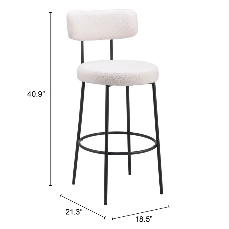 Set of Two 29" Ivory And Black Shearling And Steel Low Back Bar Height Bar Chairs