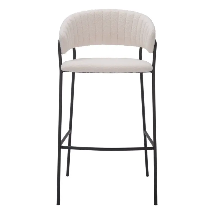 Set of Two 30" Cream and Black Shearling and Steel Low Back Bar Height Bar Chairs