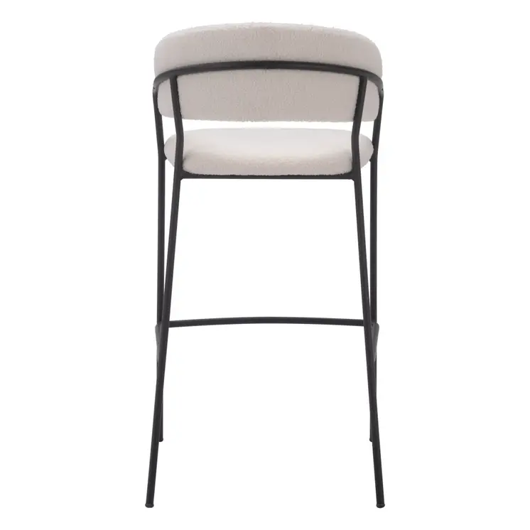 Set of Two 30" Cream and Black Shearling and Steel Low Back Bar Height Bar Chairs
