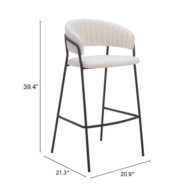 Set of Two 30" Cream and Black Shearling and Steel Low Back Bar Height Bar Chairs