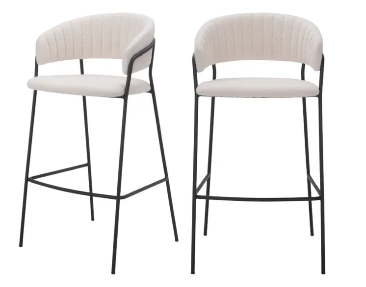 Set of Two 30" Cream and Black Shearling and Steel Low Back Bar Height Bar Chairs