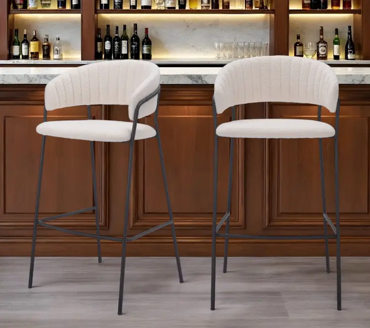 Set of Two 30" Cream and Black Shearling and Steel Low Back Bar Height Bar Chairs