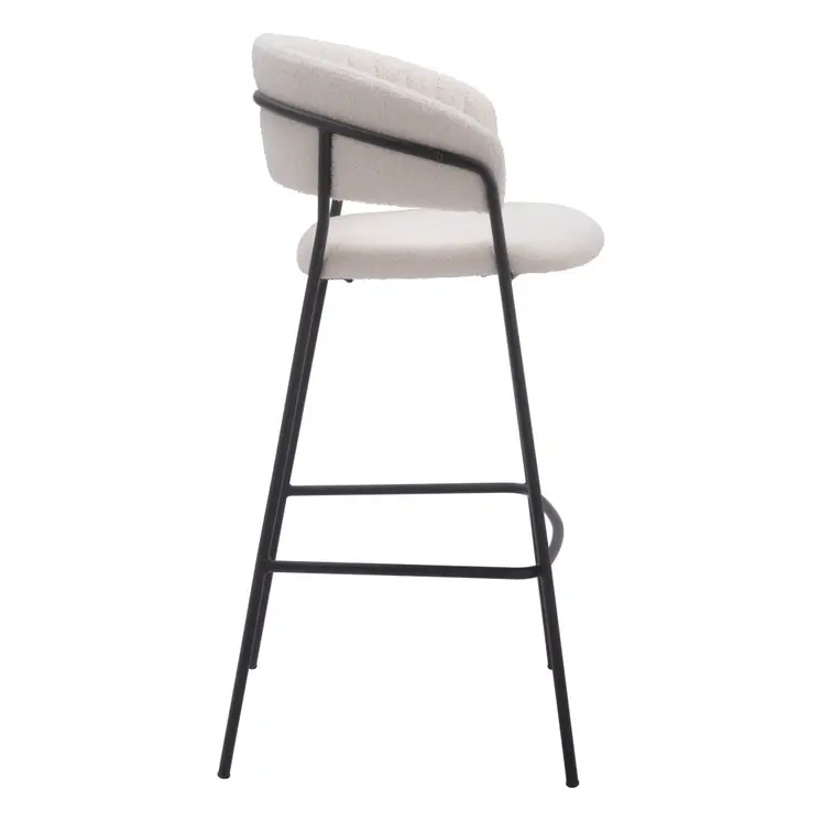 Set of Two 30" Cream and Black Shearling and Steel Low Back Bar Height Bar Chairs