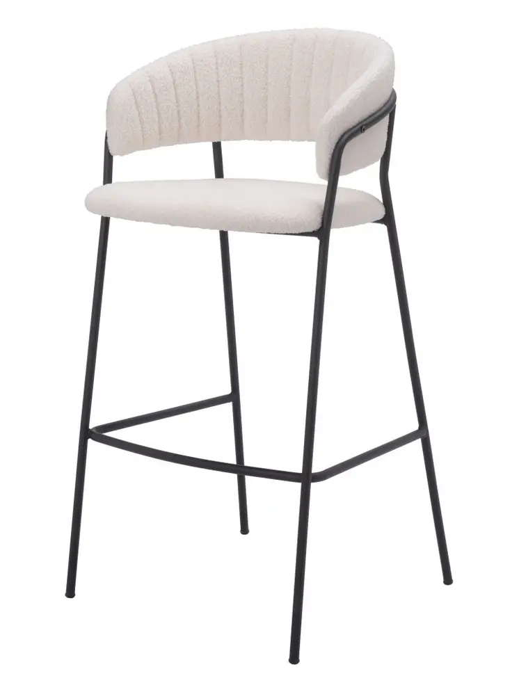 Set of Two 30" Cream and Black Shearling and Steel Low Back Bar Height Bar Chairs
