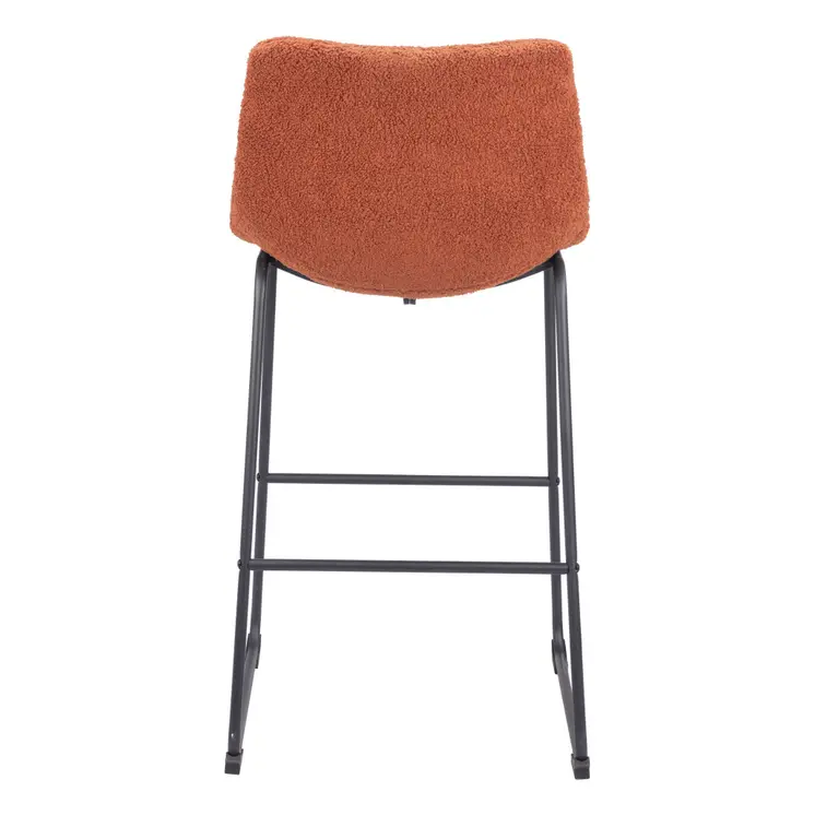 Set of Two 29" Burnt Orange and Black Shearling and Steel Bar Height Bar Chairs