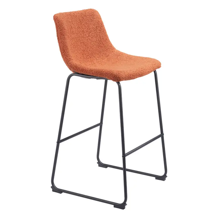 Set of Two 29" Burnt Orange and Black Shearling and Steel Bar Height Bar Chairs