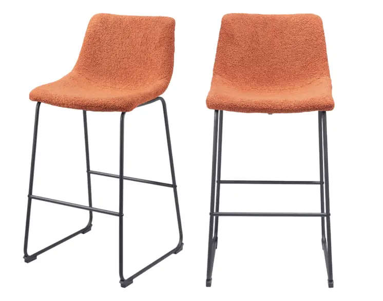 Set of Two 29" Burnt Orange and Black Shearling and Steel Bar Height Bar Chairs