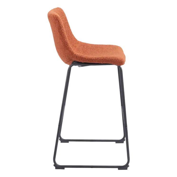 Set of Two 29" Burnt Orange and Black Shearling and Steel Bar Height Bar Chairs