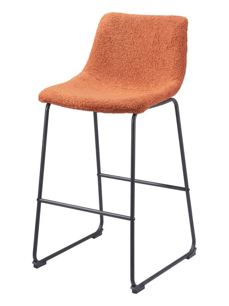 Set of Two 29" Burnt Orange and Black Shearling and Steel Bar Height Bar Chairs