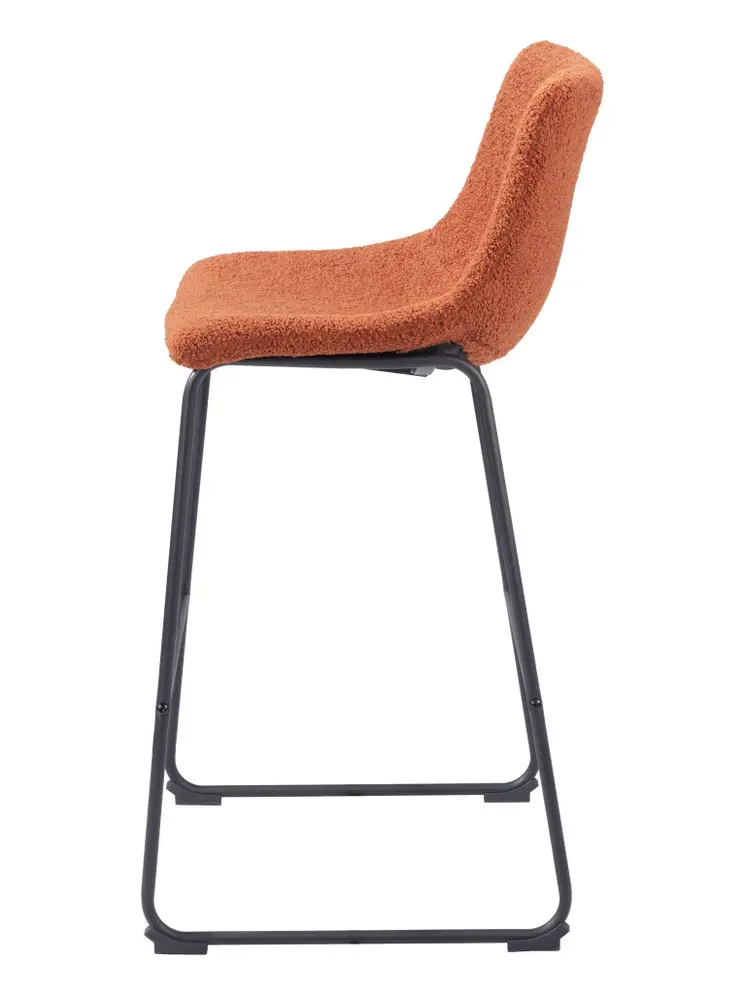 Set of Two 29" Burnt Orange and Black Shearling and Steel Bar Height Bar Chairs
