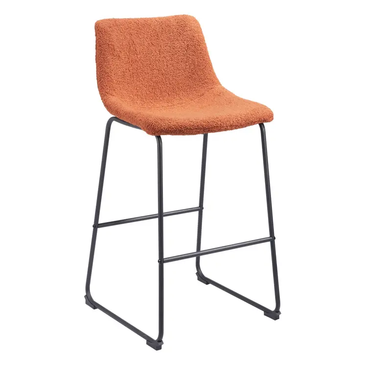 Set of Two 29" Burnt Orange and Black Shearling and Steel Bar Height Bar Chairs