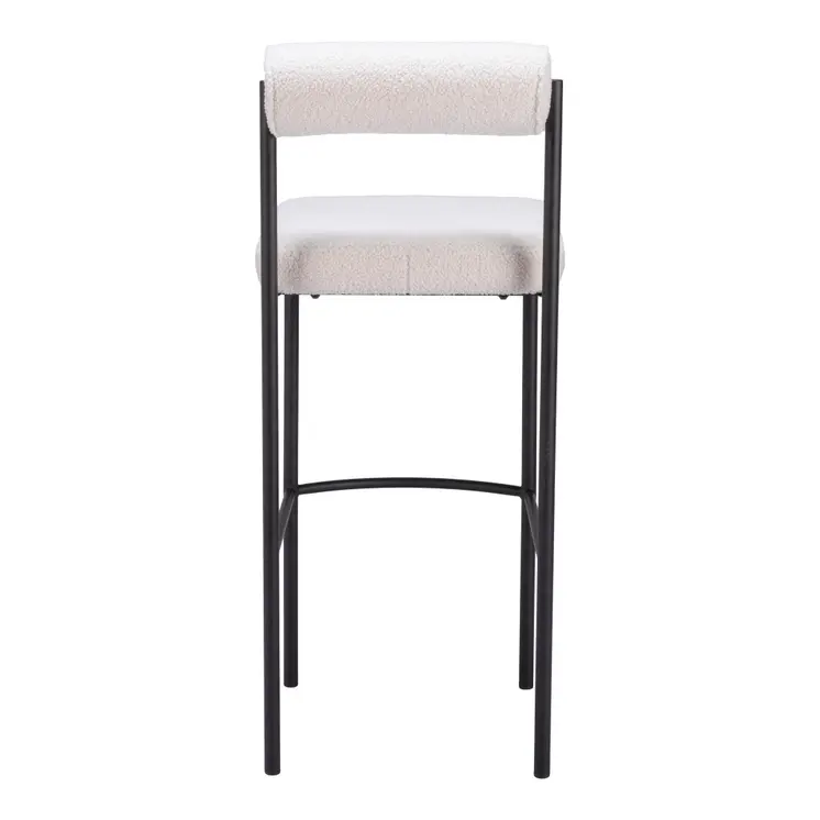 Set of Two 30" Ivory and Black Shearling and Steel Low Back Bar Height Bar Chairs