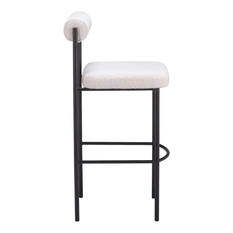 Set of Two 30" Ivory and Black Shearling and Steel Low Back Bar Height Bar Chairs