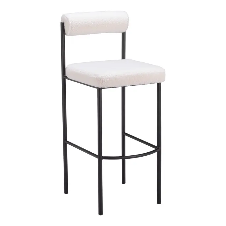 Set of Two 30" Ivory and Black Shearling and Steel Low Back Bar Height Bar Chairs