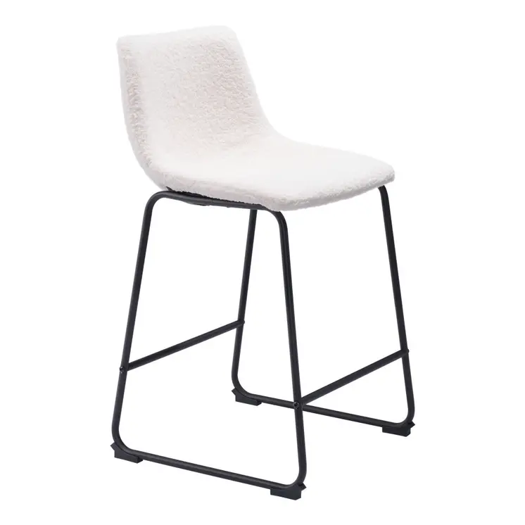 Set of Two 24" Ivory And Black Shearling And Steel Counter Height Bar Chairs