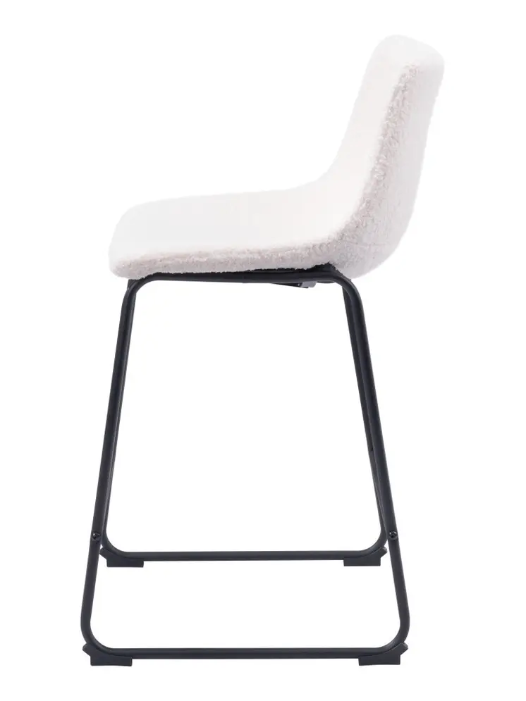 Set of Two 24" Ivory And Black Shearling And Steel Counter Height Bar Chairs