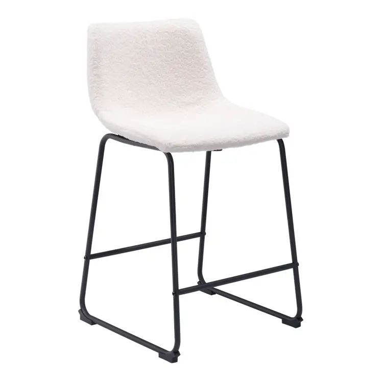 Set of Two 24" Ivory And Black Shearling And Steel Counter Height Bar Chairs