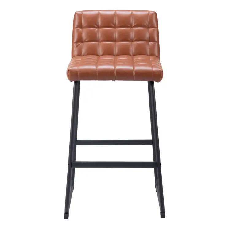 Set of Two 30" Brown And Black Faux Leather And Steel Bar Height Bar Chairs