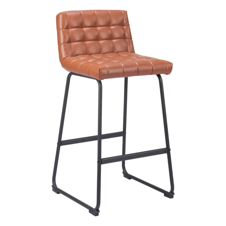Set of Two 30" Brown And Black Faux Leather And Steel Bar Height Bar Chairs