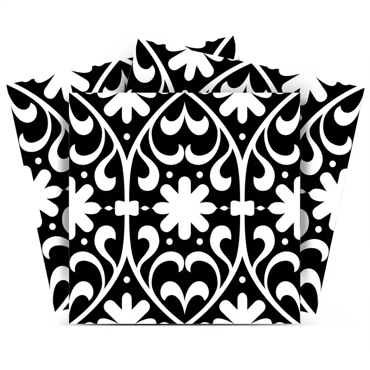12" X 12" Black and White Floral Peel and Stick Removable Tiles