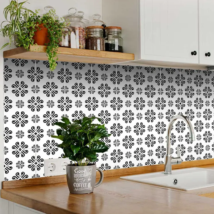 12" X 12" Black and White Daisy Peel and Stick Removable Tiles