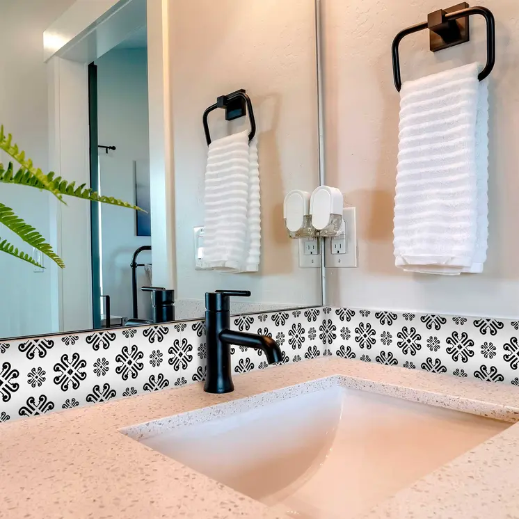 12" X 12" Black and White Daisy Peel and Stick Removable Tiles