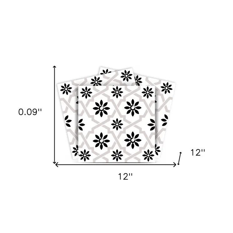 12" X 12" Black and White Lil Daisy Peel and Stick Removable Tiles