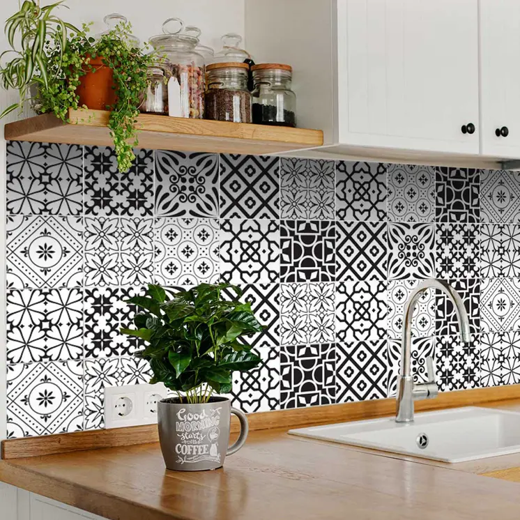 12" X 12" Black and White Mash Peel and Stick Removable Tiles