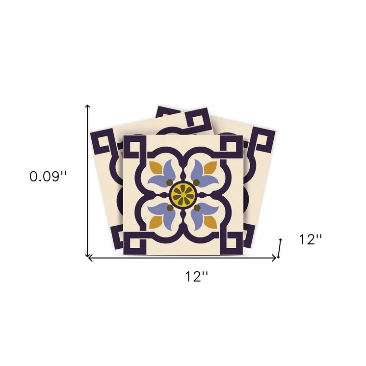 12" X 12" Blue and Yellow Azul Flora Peel and Stick Removable Tiles
