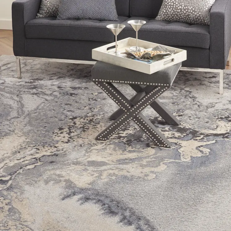 9' X 13' Gray Black and Ivory Abstract Area Rug