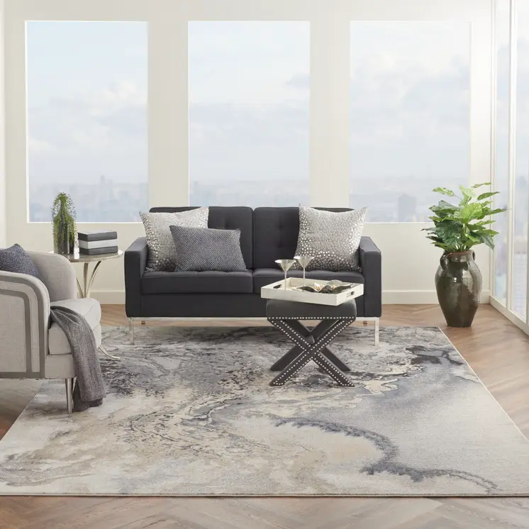 9' X 12' Gray Black and Ivory Abstract Area Rug