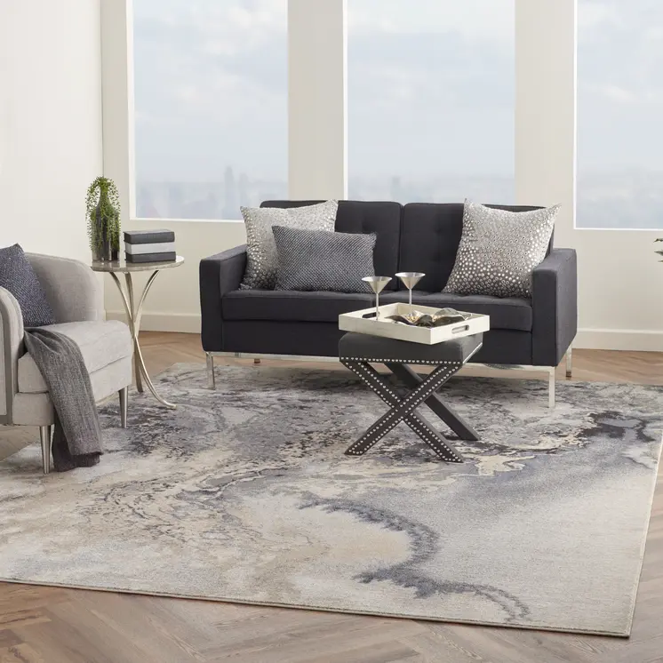 9' X 12' Gray Black and Ivory Abstract Area Rug