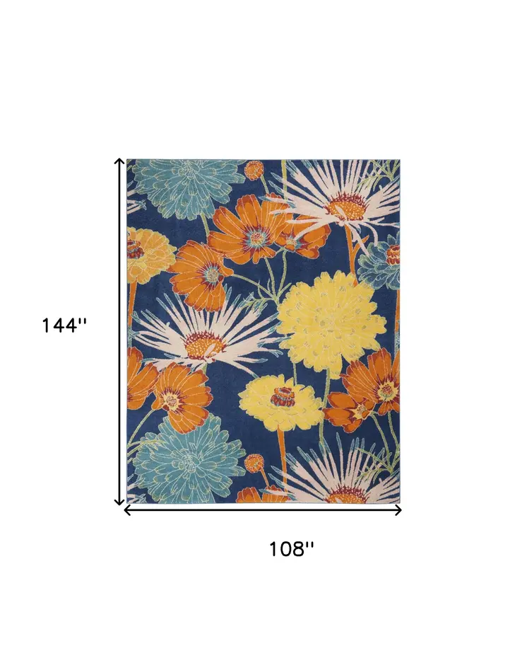 9' X 12' Blue Botanical Leaves Power Loom Area Rug