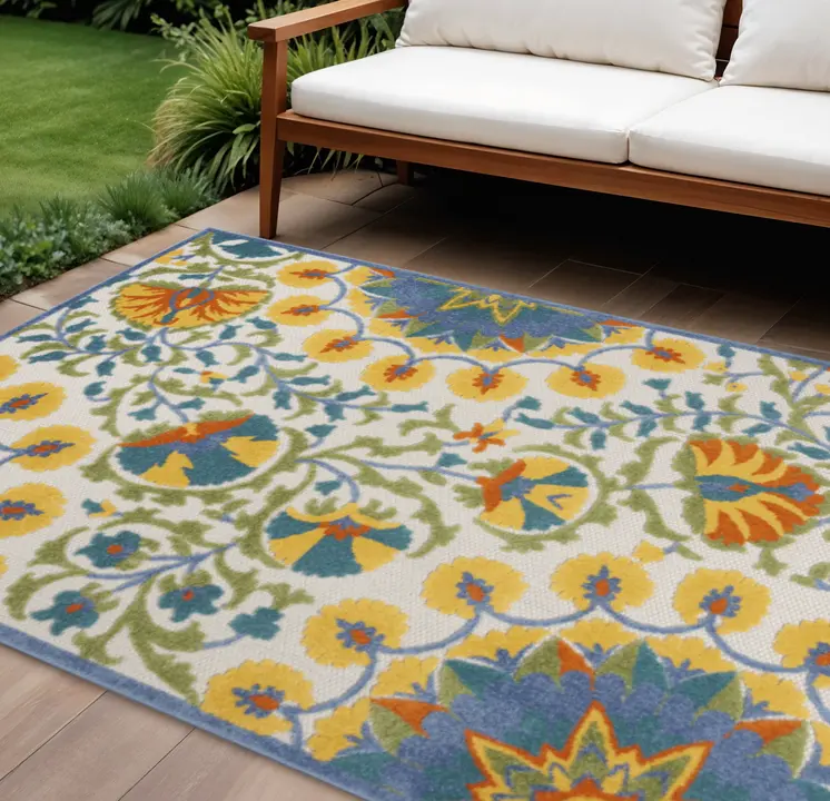 12' X 15' Yellow Red Orange Blue And Green Floral Indoor Outdoor Area Rug