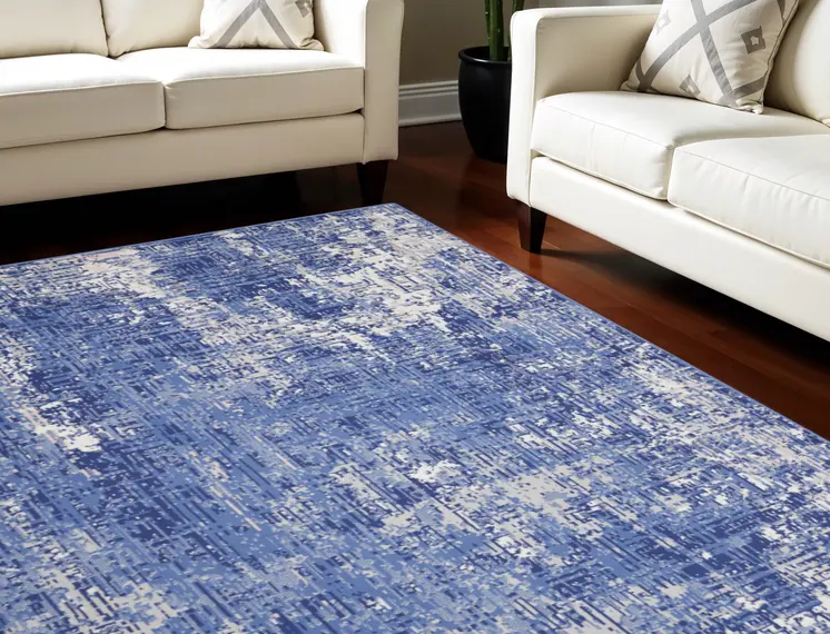 8' X 12' Ivory and Blue Abstract Distressed Area Rug