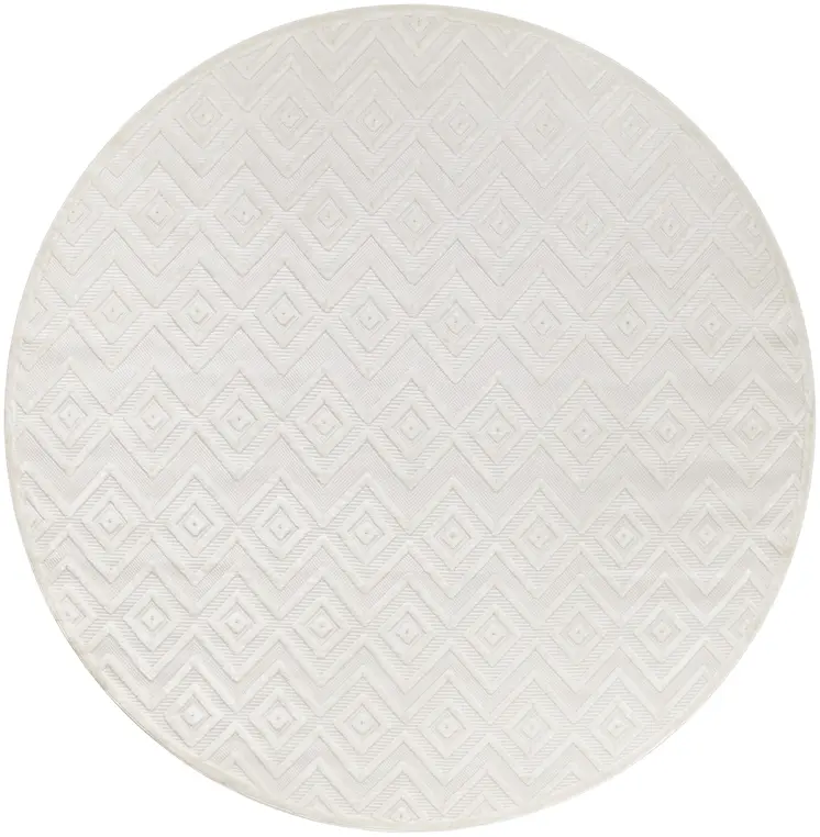 10' Ivory And White Round Geometric Indoor Outdoor Area Rug