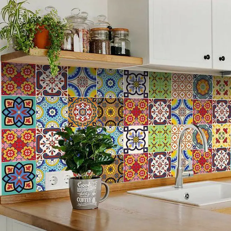 12" X 12" Pink, Red and Yellow Auguri Geo Peel and Stick Removable Tiles