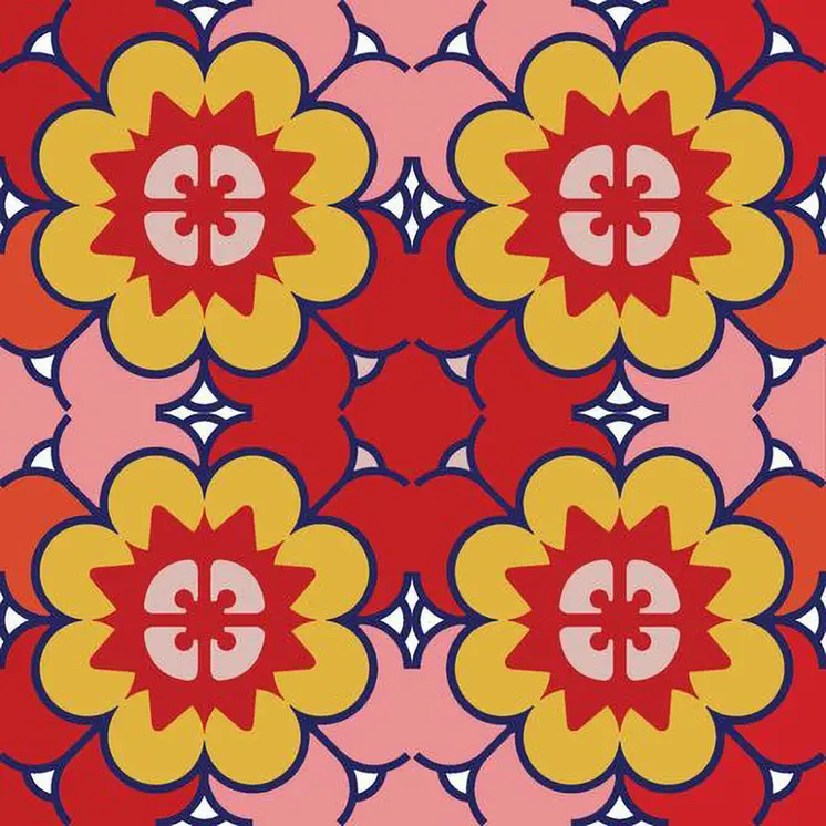 12" X 12" Pink, Red and Yellow Auguri Geo Peel and Stick Removable Tiles