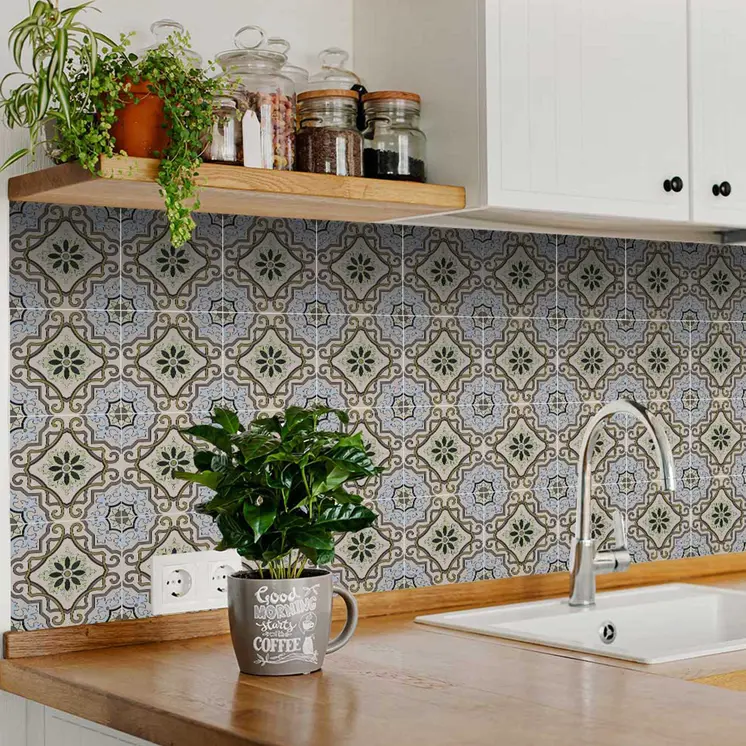 12" X 12" Taupe and Blue Scroll Peel and Stick Tiles