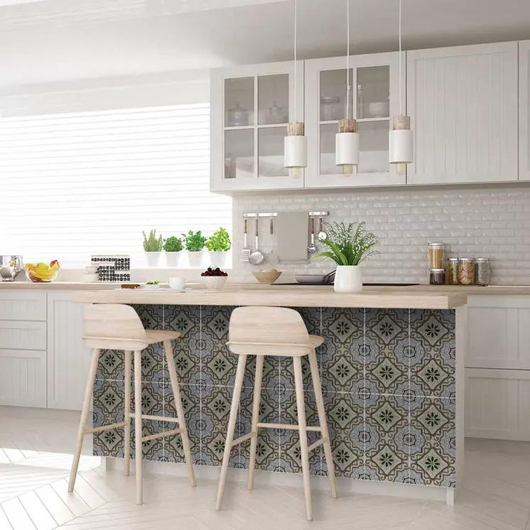 12" X 12" Taupe and Blue Scroll Peel and Stick Tiles