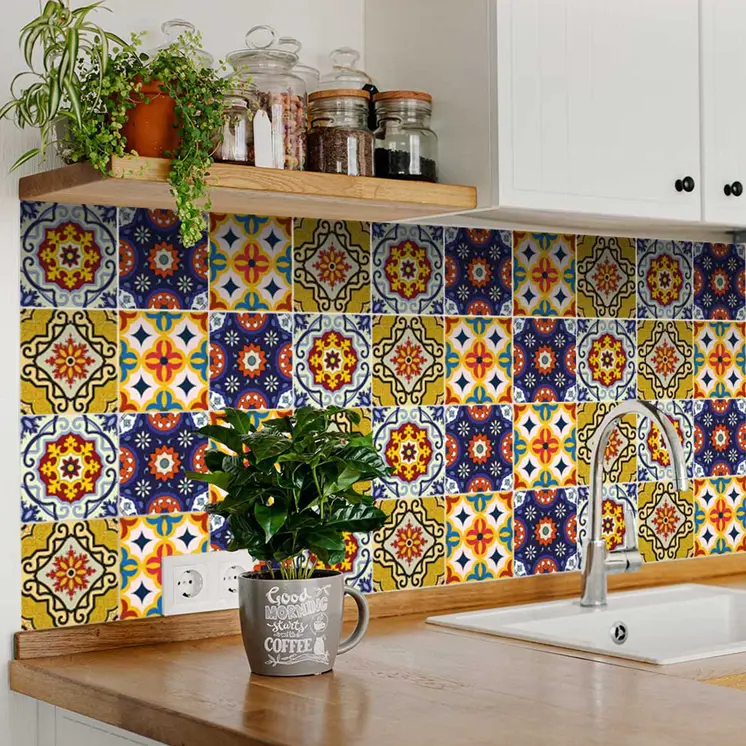 12" X 12" Blue And Yellow Mosaic Peel And Stick Removable Tiles