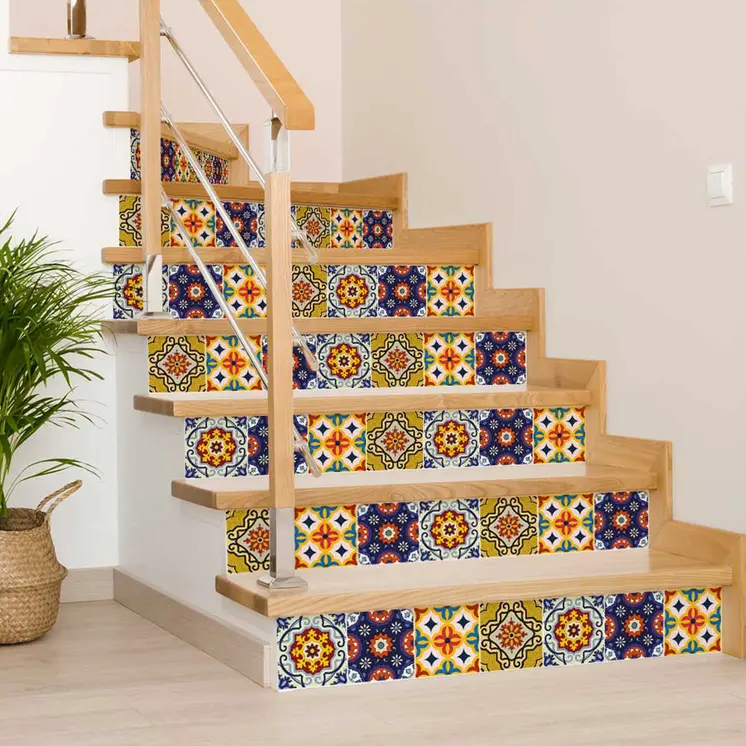 12" X 12" Blue And Yellow Mosaic Peel And Stick Removable Tiles
